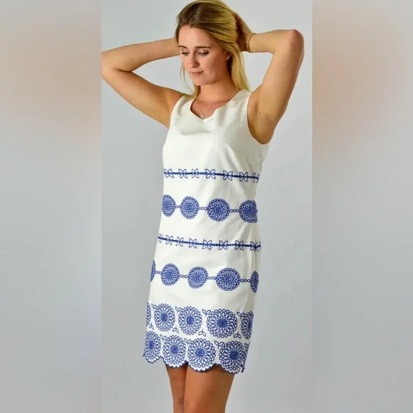 Boden | Dresses | Boden White Blue Embroidered Scalloped Hem Cotton Lined  Sleeveless Dress 6l | Poshmark